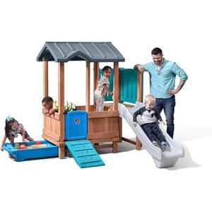 Step2 Woodland Adventure Playhouse & Slide, Kids Outdoor Playset, Backyard Playground Set, Swings, Storage Drawer, Made of Wood & Durable Plastic, Outside Jungle Gym, for Children 3-8 Years Old