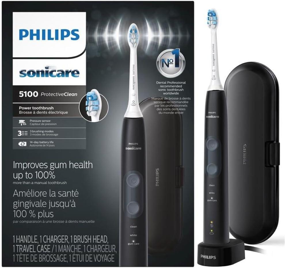 Philips Sonicare ProtectiveClean 5100 Rechargeable Electric Toothbrush, with Pressure Sensor, 3 Cleaning Modes, SmarTimer and QuadPacer, 14-Day Battery Life, Travel Case, Black, Model HX6850/60