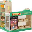 Wooden Grocery Store Playset for Kids, Pretend Play Market with Checkout Counter, Manual Conveyor Belt, Pretend Scanner, and Multiple Display Shelves, Interactive Toy Grocery for Boys & Girls Ages 3+