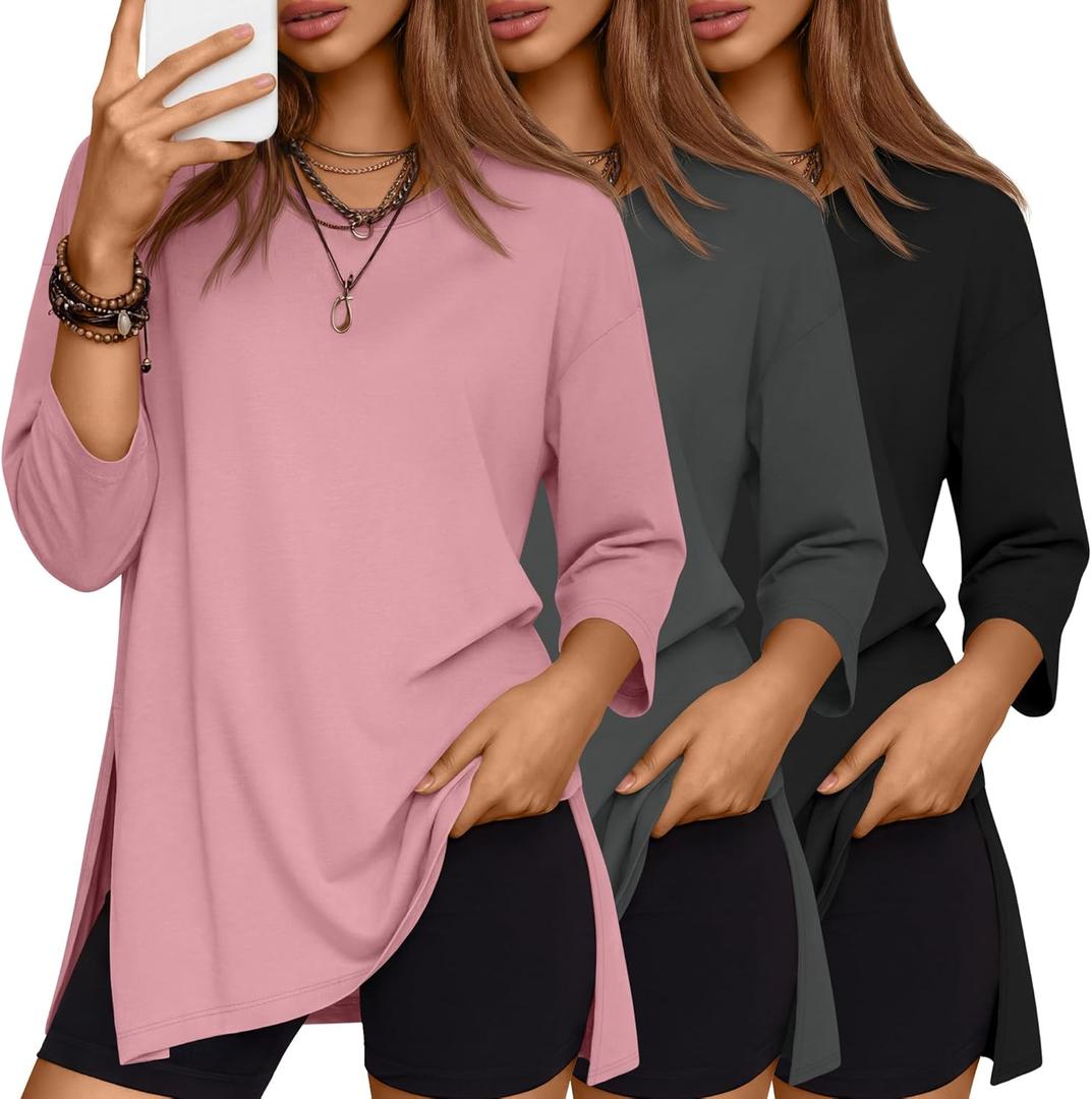 Huukeay 3 Pack Women's Oversized T Shirts Workout 3/4 Sleeve Top Loose Side Split Gym Elbow Crewneck Casual Clothes Tee (Large, Black, Drak Gray, Rose Pink)