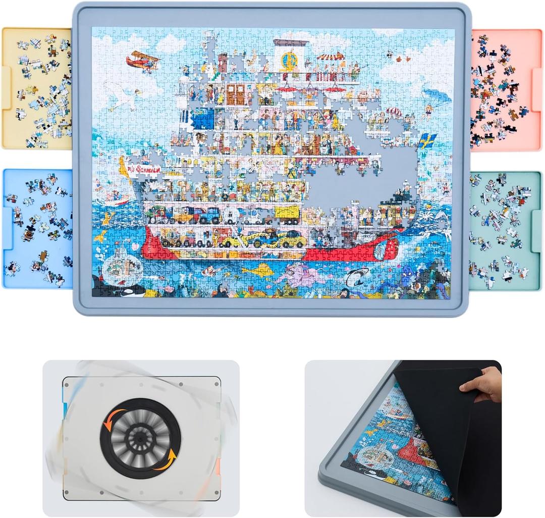 WELGEE 1500 Piece Rotating Puzzle Board with Drawers & Cover, 35"x27" Spinning Jigsaw Puzzle Table for Adults, Upgraded Lazy Susan, Lightweight ABS Plastic, Perfect for Puzzle Lovers & Moms