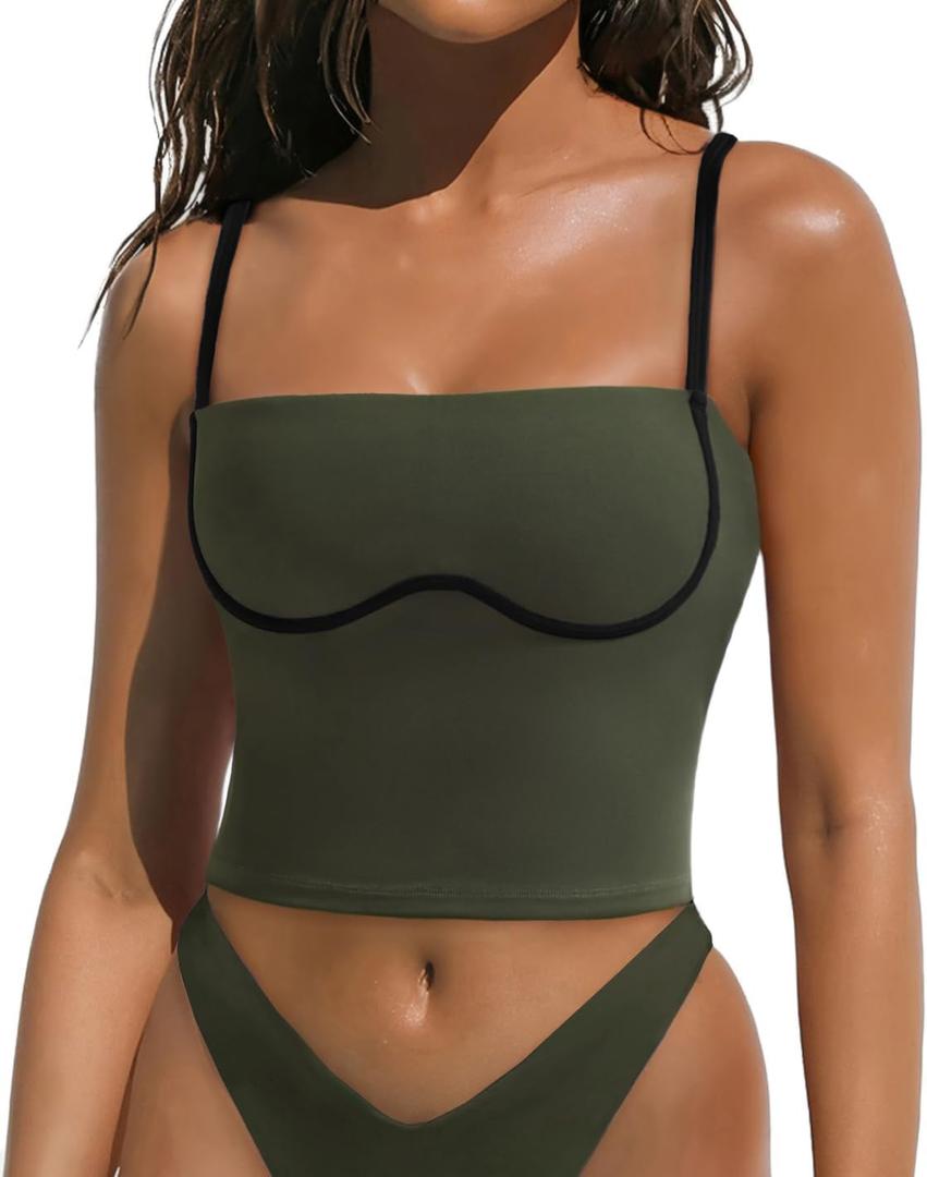 OMKAGI Womens Workout Tank Tops Adjustable Strap Longline Sports Bra Padded Sleeveless Top (Large, Dark Green)