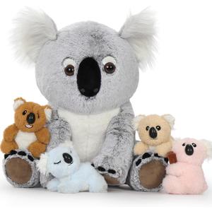 Koala Bear Stuffed Animal 17.7 Inch, Mom Koala Plush Toy with 4 Adorable Babies Plushies in Zippered Back, Christmas Birthday Gift for Kids Boys Girls, Room Forest Party Decor (Cute Koala)