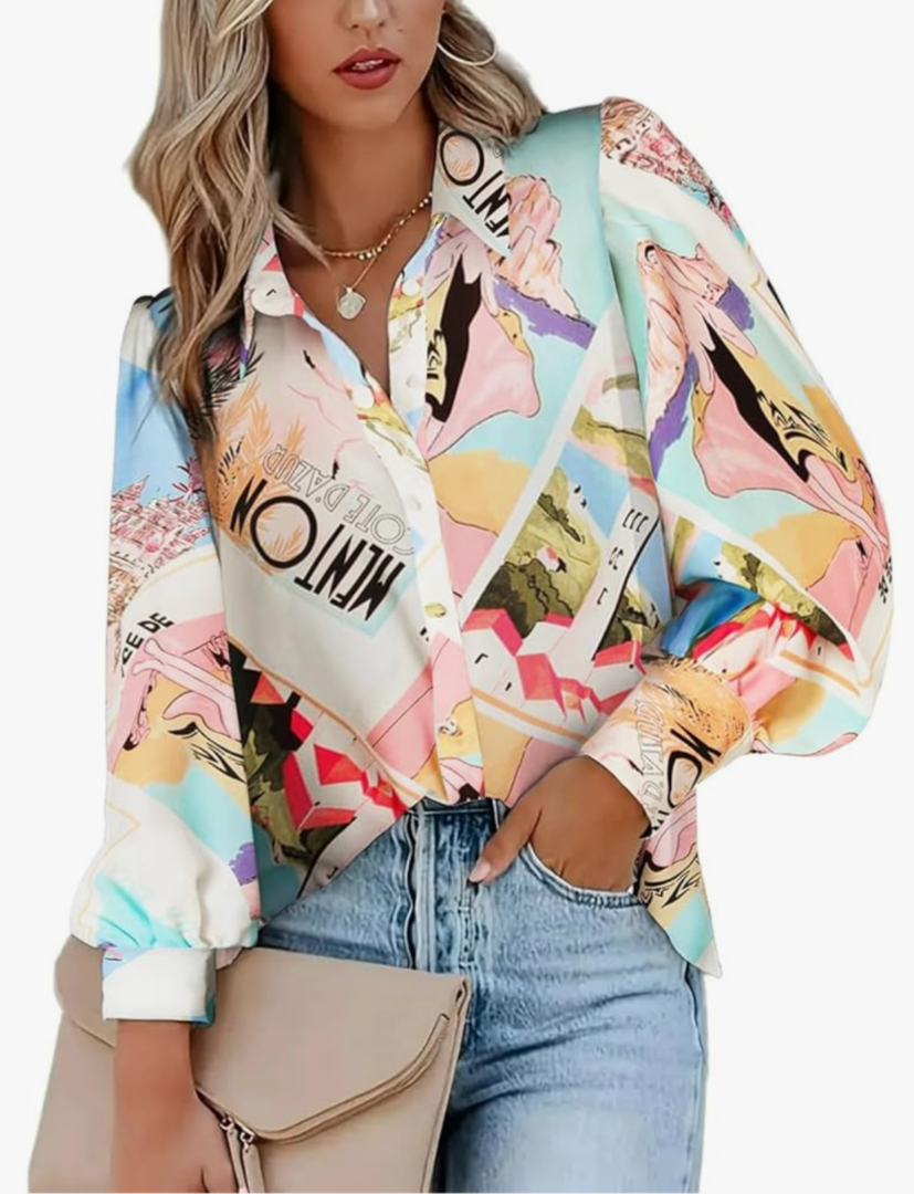 Zeagoo Womens Shirts Button Down Printed Lantern Long Sleeve Blouse Fashion Casual Tops 2025 S