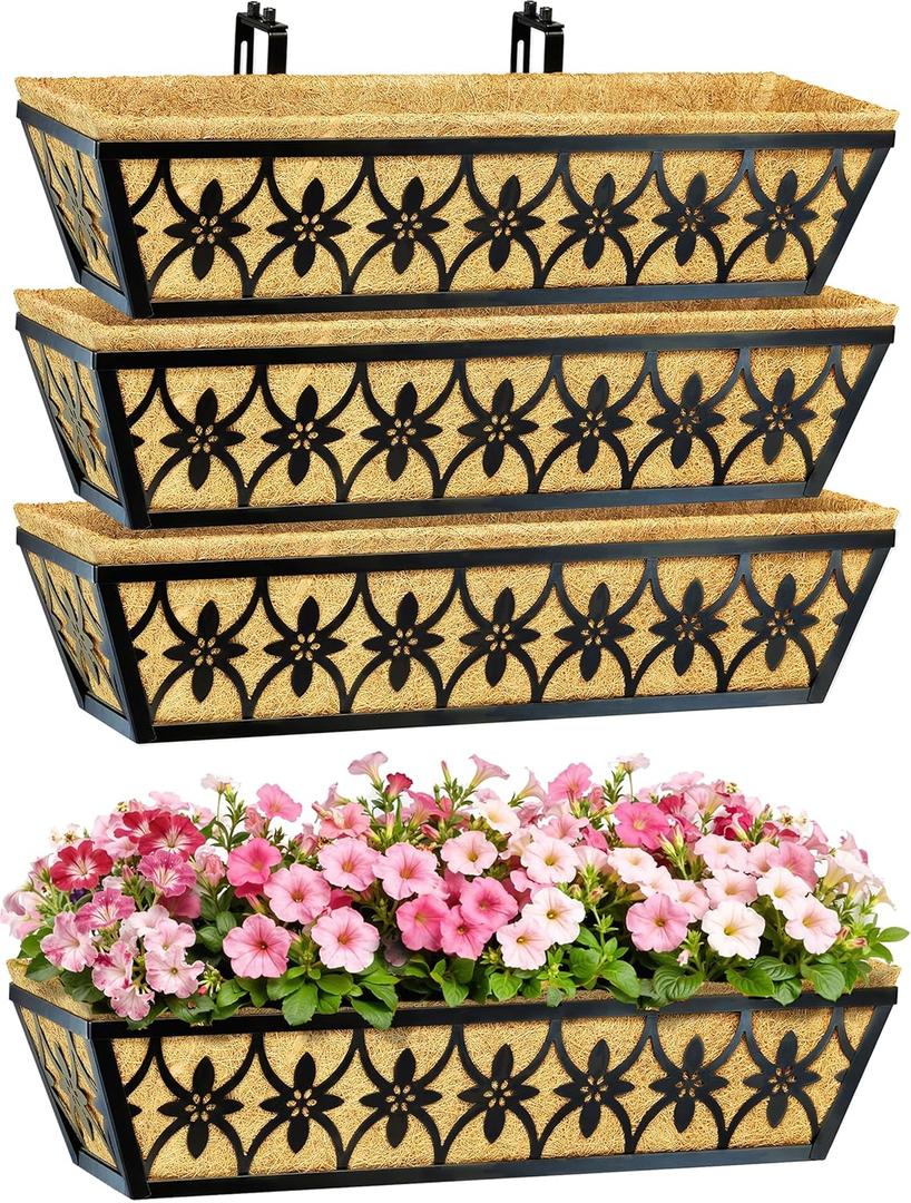 24 Inch Window Boxes Planters Railing Planter Box - 4 Pack Deck Railing Planter Boxes with Adjustable Brackets Coco Liners Balcony Planters Railing Hanging for Window Flower Boxes Outdoor Garden Decor