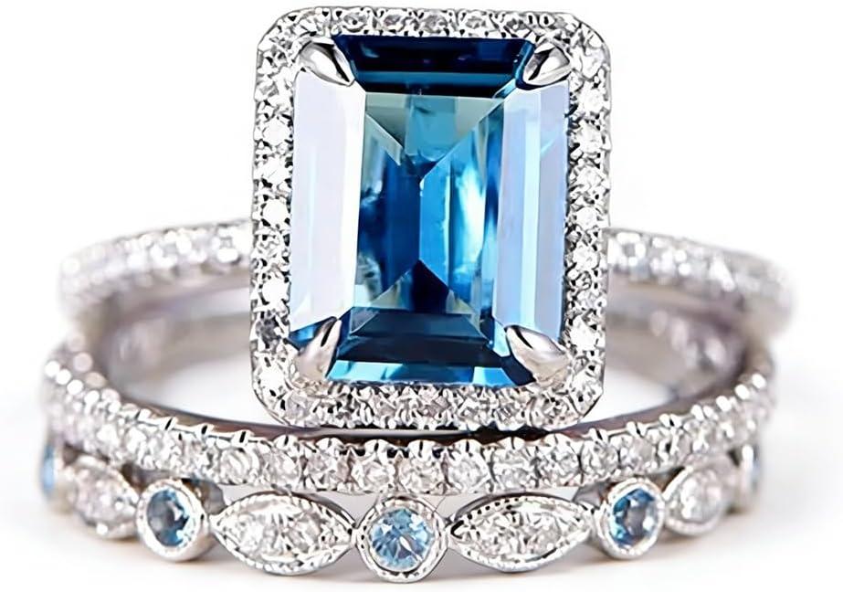 RKKOJJO 925 Sterling Silver 3 Piece Set Engagement Ring Cubic Zirconia Gemstone Rings Blue Diamond Statement Eternity Band Wedding Rings for Women Size 6, CS589969-101-6 (US Code 6)