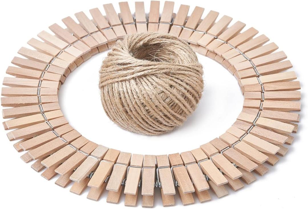 HSTECH 100 Pcs Mini Natural Wooden Clothespins and 82 Ft Jute Twine, Baby Clothes Pins, 1.38in Craft Photo Clips for Home School Arts Crafts Decor, DIY Decoration's, Arts and Crafts, Weddings