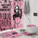 KAIRA 4 Pcs Pink Horror Shower Curtain Set with Rugs, Funny Spooky Bathroom Decor, Waterproof Halloween Bathroom Set with Mats and Accessories, Gothic Bathroom Decor