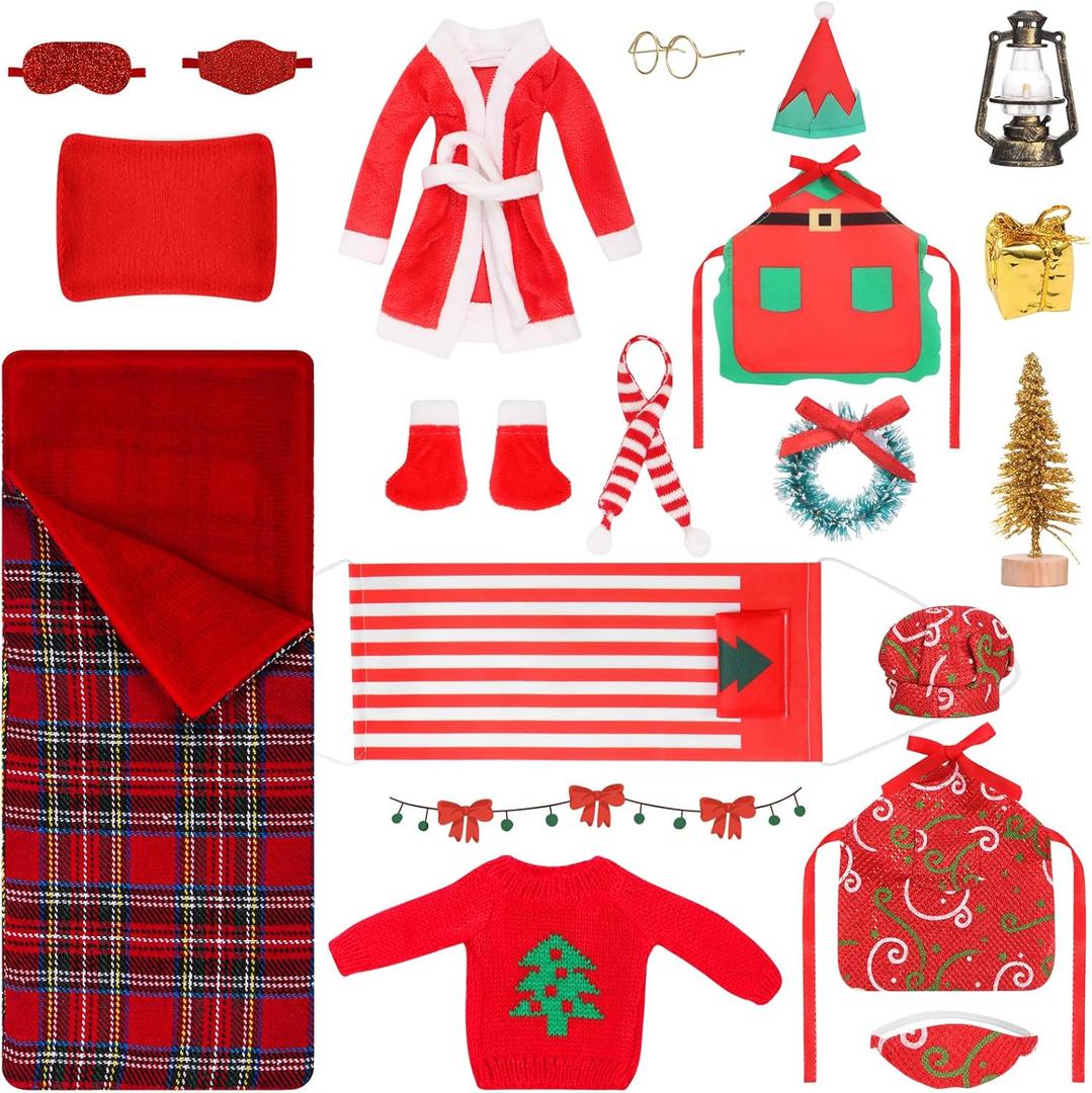 20 Pcs Christmas Elf Accessories Kit Doll Clothes Accessories Sleeping Bag Elf Accessory Include Elf Sleeping Bag Apron Chef Hat Sweater Scarf Glasses Bathrobe Shoes Hammock for Elf Doll Decor