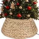 Christmas Tree Collar, Round Tree Collar Hyacinth Handwoven 24in, Christmas Tree Ring Rattan Wicker Rustic Cord Cut Out Metal Frame Decoration to Cover Artificial Tree (Natural)