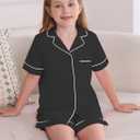 Veseacky 2 Piece Toddler Pajama Set Short Sleeve Sleepwear Boy Girl Button Down Pjs Cotton Loungewear Black 10-11 Years (Black)