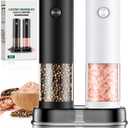 Electric Salt and Pepper Grinder Set Automatic Battery Pepper Mill Shakers Adjustable Coarseness Easy Filling Upgraded Larger Capacity with Led (2 Pack Black/White）
