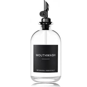 HomeFeel Black Glass Mouthwash Dispenser with Cups, 12.7 oz, 1 Pack - Clear Mouthwash Bottle with 304 Stainless Steel Spout & Minimalist Labels, Style Mouthwash Container for Bathroom