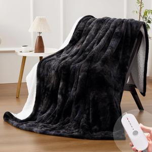 HYLEORY Electric Heated Throw Blanket - Soft Thick Faux Fur Heating Blanket with 5 Heat Levels & Auto-Off 3 Hrs, Fluffy Flannel Warm Christmas Blankets for Winter Bed,ETL Certification, Black