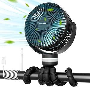 Momcozy 8000mAh Portable Stroller Fan, 27H Ultra-long Battery Life Detachable 4 Speed 360°Rotate LED Night Light with 2 Modes, USB Rechargeable Handheld Cooling Fan for Travel/Car Seat/Bedroom, Black