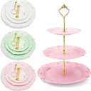 Nexboraque 3 Pack 3 Tier Plastic Cupcake Stand, Dessert Cup Cake Holder Tower Reusable Tiered Serving Tray with Metal Rod Pastry Platter for Wedding, Birthday, Tea Party - White Green Pink