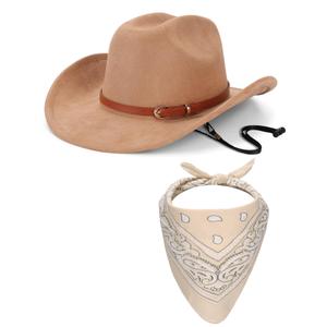 Cowboy Hat with Fringed Bandana Set for Women Wide Brim Western Cowgirl Hat Paisley Head Wrap Scarf (Suede Fabric-Khaki)