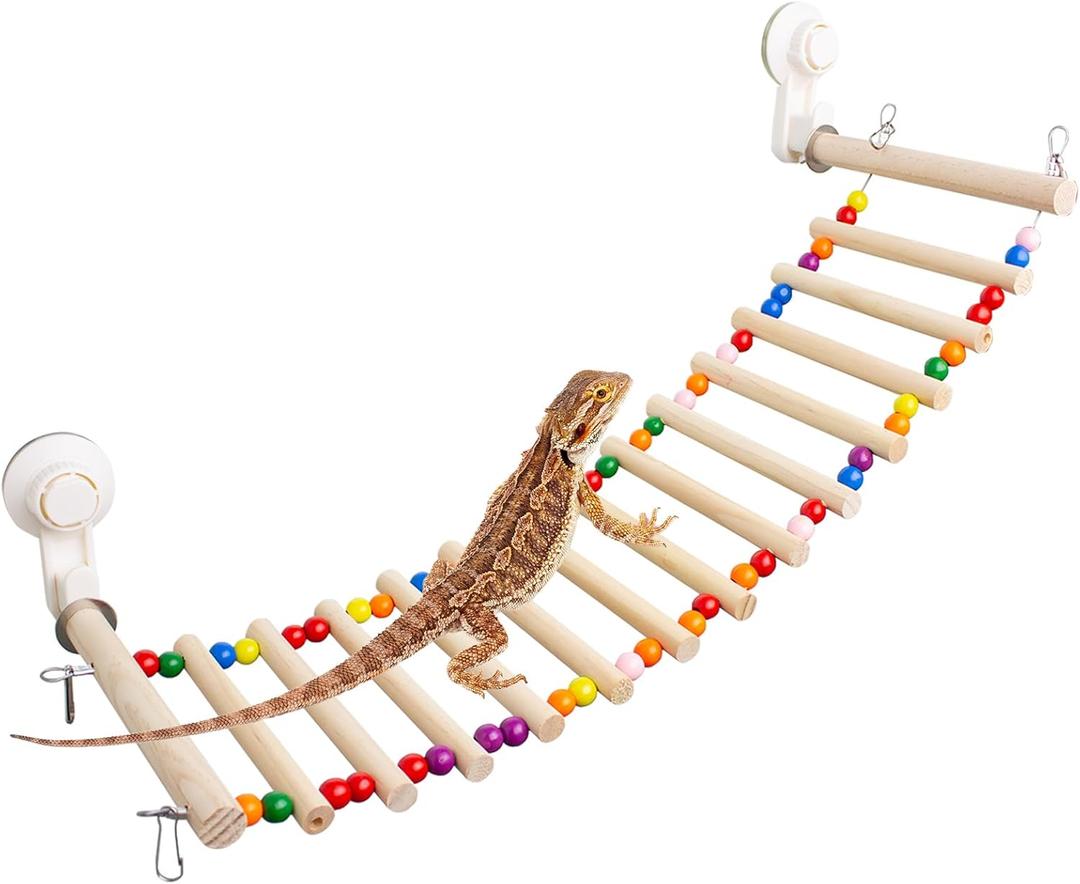 FlidRunest Bearded Dragon Window Ladder with 2 Sturdy Suction Cups, 21.6''x7.1'' Large Lizard Wood Climbing Perch Bridge, Reptile Hammock Perch Tank Accessories for Lizard, Leopard Gecko, Chameleon