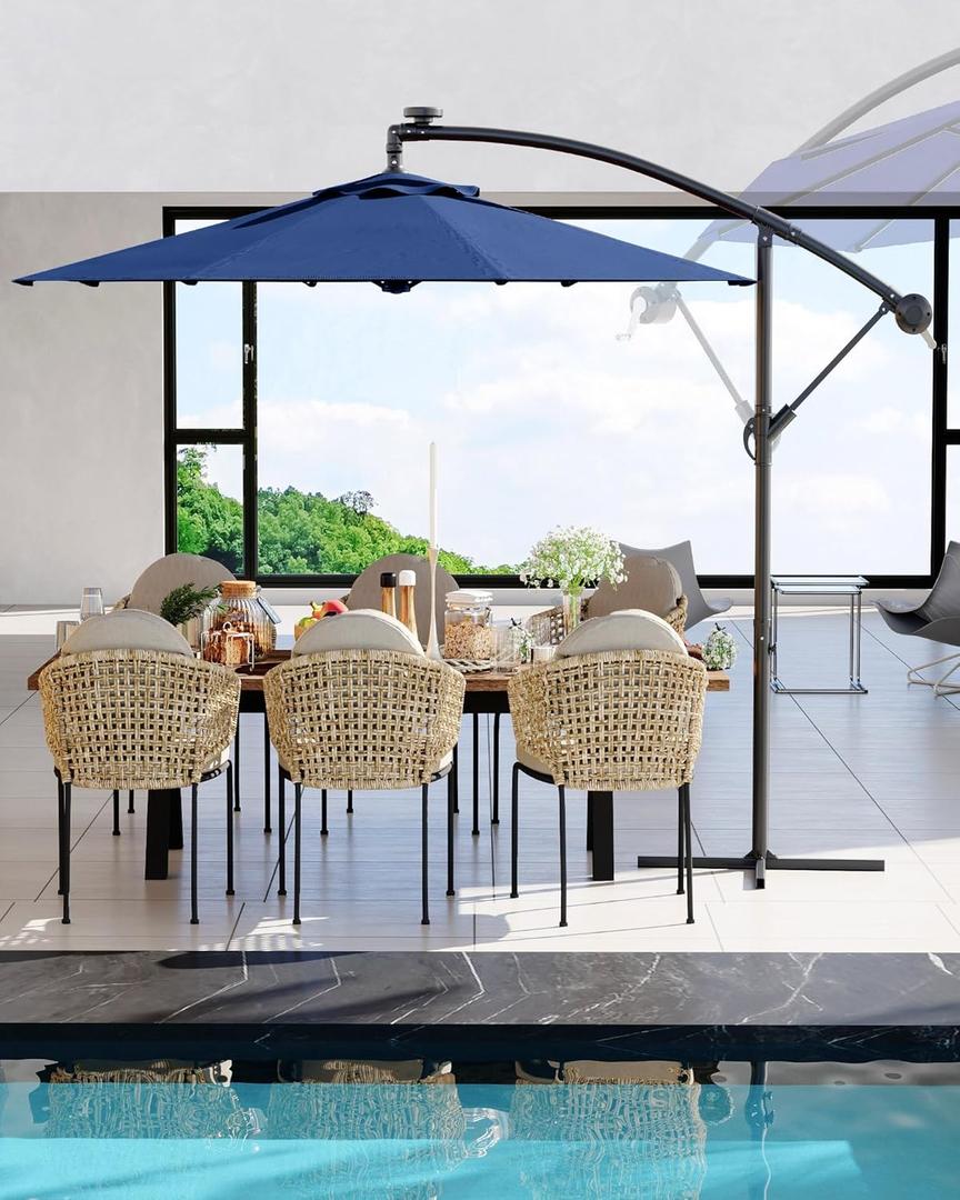 10FT Cantilever Patio Umbrella with Cross Base, Outdoor Offset Market Umbrella with 360-degree Rotation and Infinite Tilt, Outside Umbrellas for Backyard Lawn Garden and Pool (Navy Blue)