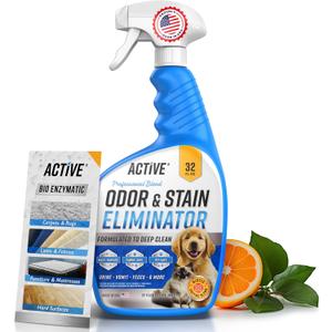 Pet Odor and Stain Eliminator - 32 oz ACTIVE Enzyme Cleaner for Dog & Cat Urine, Stain Remover Spray for Carpet, Upholstery, Hardwood, Spot Cleaning, Deodorizer for Dogs Cats Pets - Natural Citrus Oil