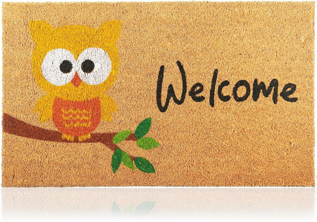 Owl - 17"x29" - Coir Door Mat with Heavy Duty Backing - Welcome Mats for Entryway, Porch - Anti-Slip PVC & Coconut Fiber Surface - Natural Home Accessories, Minimalist Original Design