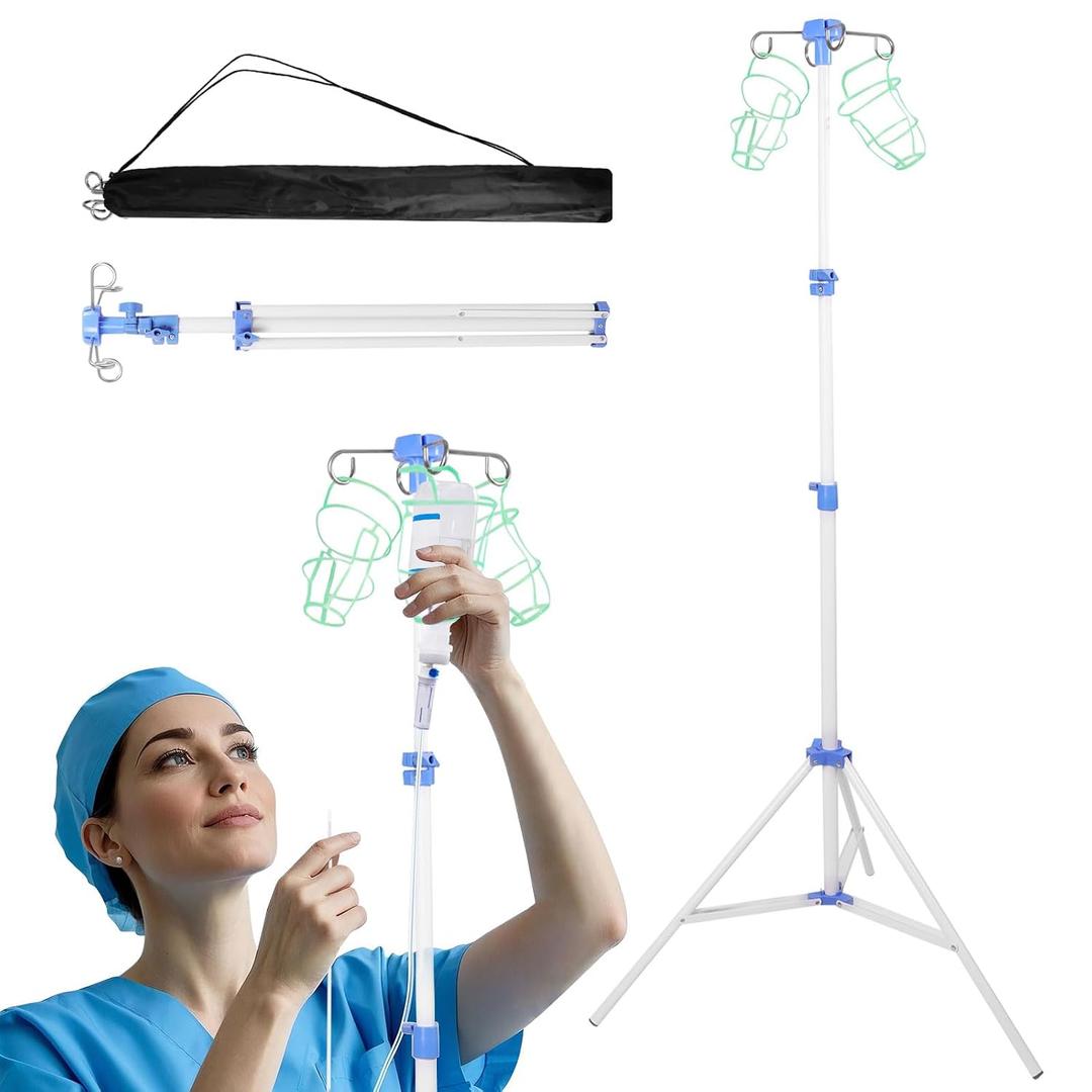 Portable Foldable IV Pole Stand Adjustable Height with 4 Hooks, Tripod Medical IV Drip Stand for Home Hospital Clinic Travel, White