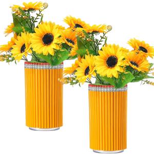 2 Set Back to School Gifts Pencil Shaped Vase Assembly Required DIY Acrylic Flower Vase 90 Pencils 2 Sheets Adhesive Table Centerpiece for Teacher Appreciation, First Day, School Home(Yellow)
