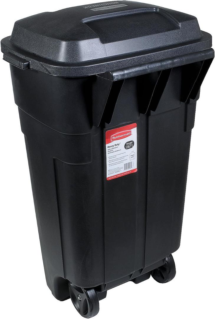 Rubbermaid Roughneck Heavy-Duty Wheeled Trash Can with Lid 34-Gallon Black for Home/Outdoor Garbage Disposal