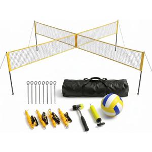 4 Square Volleyball Net Set with 3 Adjustable Heights, 14FT Cross PE System, Use in Backyard or Beach, Includes Ball, Pump, Carry Bag, Hammer, Outdoor Team Games, Black/Red