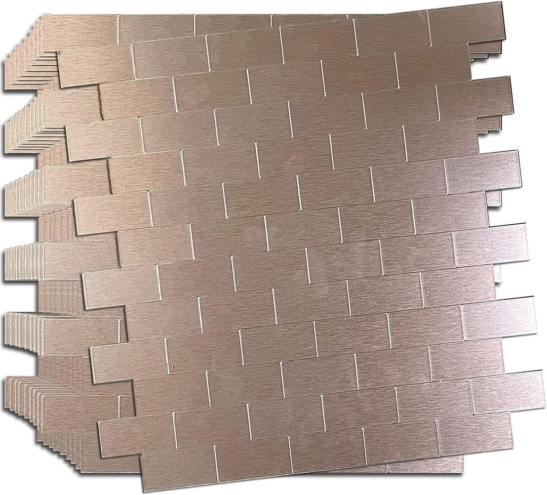 XUANINY 10-Sheet Peel and Stick Metal Backsplash Tiles, Self Adhesive Brushed Aluminum Subway 3D Wall Sticker for Kitchen Bathroom (12"x11.02") (10, Rose Gold Brushed)