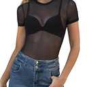 WIHOLL See Through Tops for Women Black Short Sleeve Summer Sheer Mesh Sexy Bodysuit Trendy Loose Fitted Blouse XL