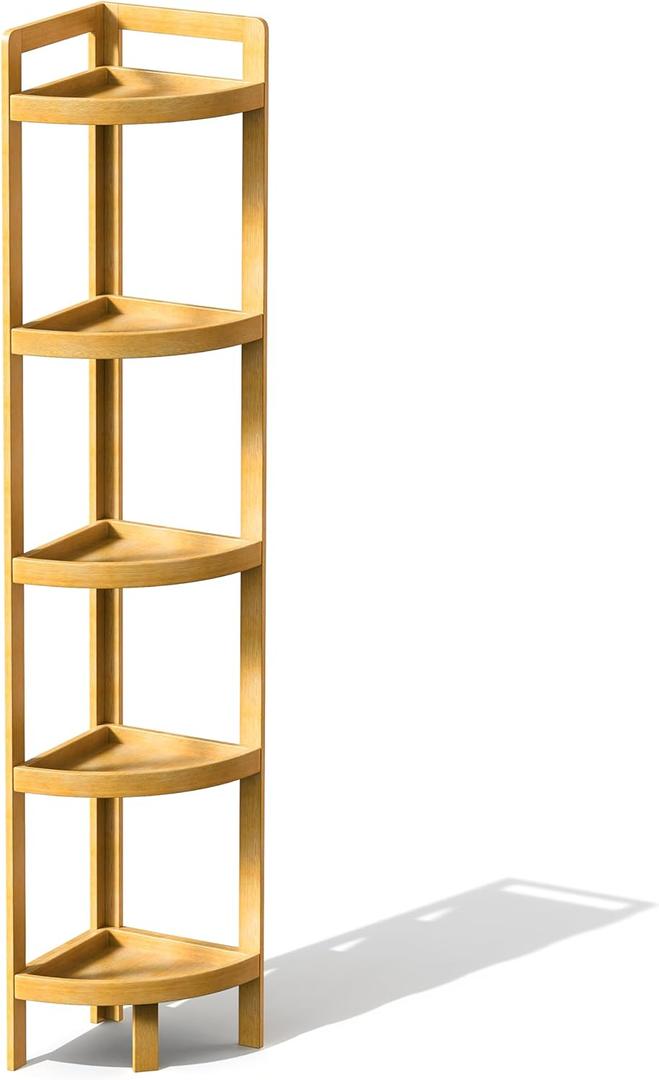 2026 New Bamboo Standing Shelf, 5 Tier Corner Shelf Stand, Free-Standing Shelf Units, Triangular Curved Corner Shelf Stand for Space-Saaving Display Ideal for Bathroom/Kitchen/Living Room Storage