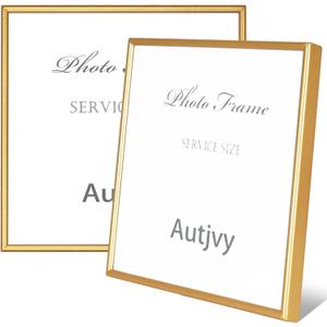 Autjvy 4x4 Picture Frame Matte Gold Modern Simple Thin Aluminum Metal Photo Frame with HD Real Glass, Display for Tabletop and Wall Collage. (2 Pack)