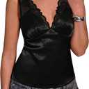 SHENHE Women's Satin Lace Top V Neck Sleeveless Low Back Tank Party Silky Going Out Tops, Medium 