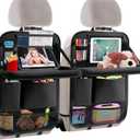 Car backseat organizer,with tablet holder, 6 storage pockets, foldable food tray, car seat back protectors kick mats, travel accessories, black (2)