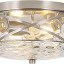 Krychiler Farmhouse Flush Mount Ceiling Light Fixture with Water Ripple Glass for Bedroom, Hallway, Kitchen, Dining & Living Room, Foyer and Bathroom(Nickel Shade)