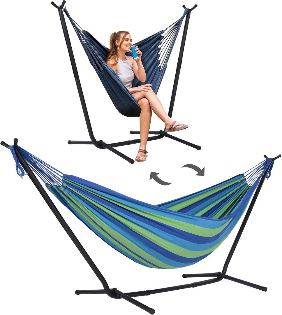 SUNCREAT 2-in-1 Hammocks Hammock Chair with Stand, 475 lbs Capacity, Heavy Duty Two Person Hammock with Stand, Patented, Blue Stripe