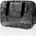Black Holographic Star Cosmetic Bag for Women 11.8x5.1x8.2 Inches Portable Travel Toiletry Bag with Handles,Durable PVC Material,Zipper Design-Ideal Large Clear Makeup Organizer