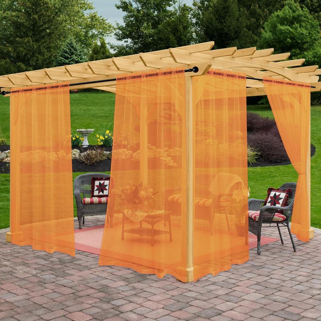 Outdoor Sheer Curtains for Patio Waterproof, 2 Panels Rod Pocket Indoor/Outdoor Voile Orange Sheer Curtain for Pergola, Porch, Cabana and Gazebo, Orange 52 x 84 Inch