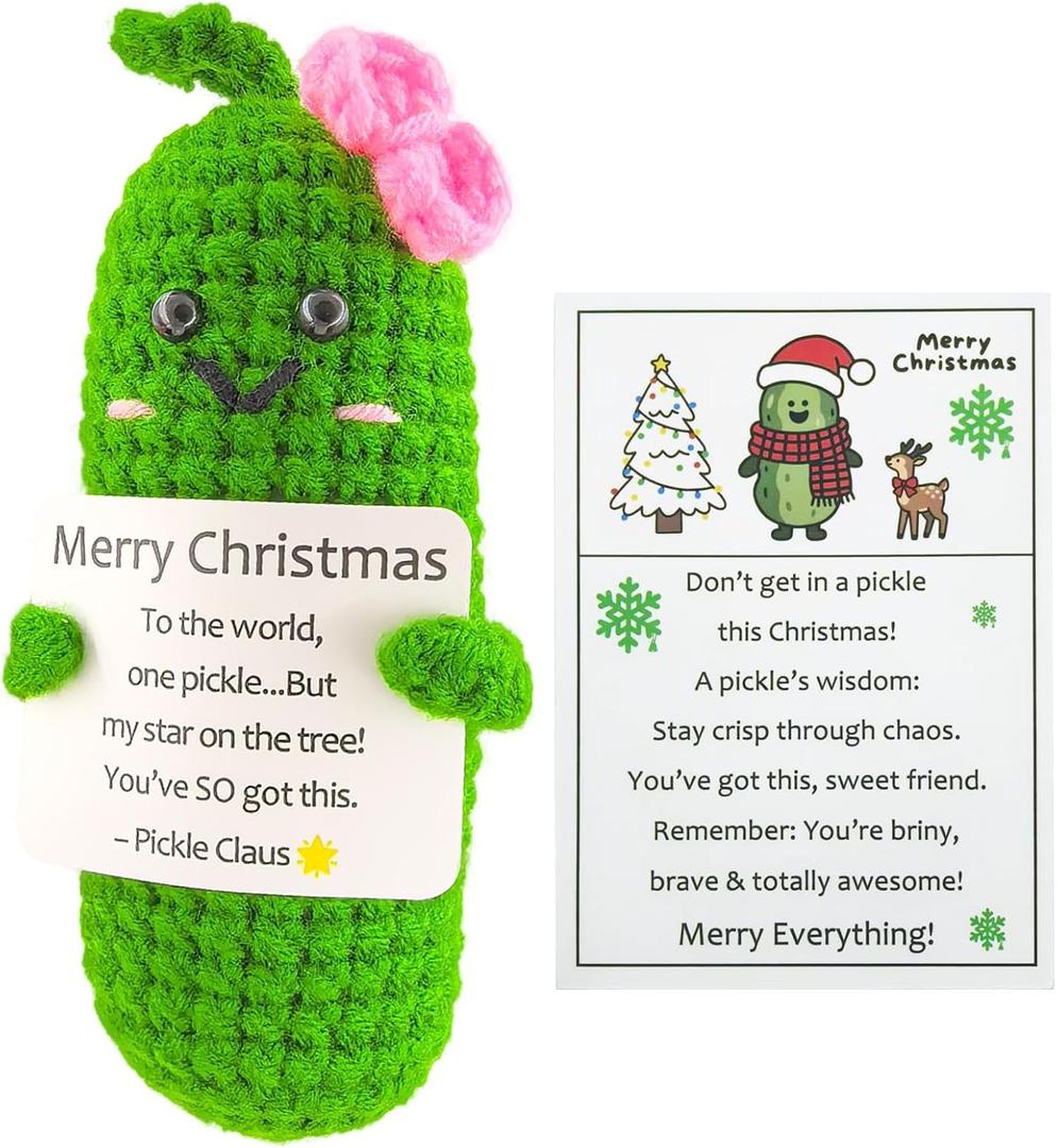 2 x Handmade Crochet Merry Christmas Pickle Gift,Funny Festival Wishes Pickle Ornament with Encouragement Cards, Cute Knitted Crochet Dolls for Friends and Family