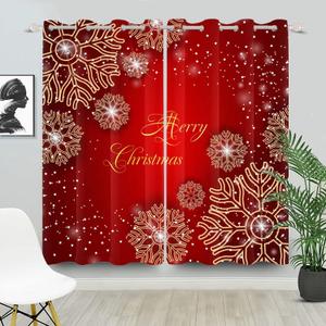 42x84 Inches Merry Christmas Window Curtains Winter Festival Golden Snowflake New Year Xmas Red Window Drapes Darkening Thermal Insulated Curtains for Living Room Decor 2 Panels