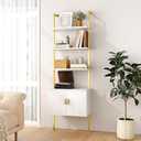 Gadroad 73" Tall Bookshef with Cabinet, Wall Mounted Industrial Ladder Bookcase with Wood and Metal Frame, 5 Tier Plant Shelf Display Storage Shelves for Living Room Bedroom, White Gold