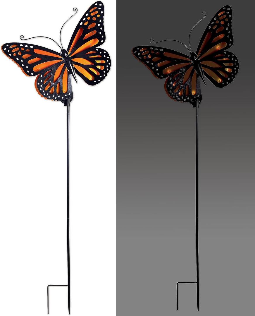 Sunset Vista Designs Decorative Metal Garden Stake with Solar Lights for Outside Waterproof LED Light Yard Decoration, 51", Butterfly - Orange, 17.32" x 1.97" x 51.97"