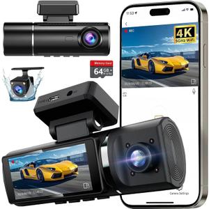 3 Channel 4K Dash Cam Front and Rear Inside, Built-in 5G WiFi, 4K+1080P+1080P Dash Camera for Cars with 64GB Card, Dashcam with Loop Recording,24H Parking Monitor,Night Vision,Support 512GB Max Silver