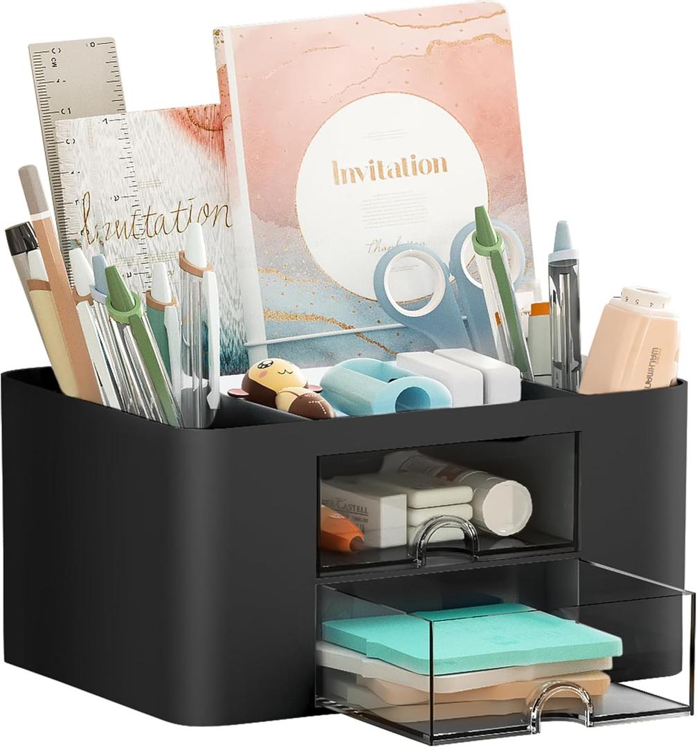 Marbrasse Pen Organizer with 2 Drawer, Multi-Functional Pencil Holder for Desk, Desk Organizers and Accessories with 5 Compartments + Drawer for Office Art Supplies (Black) (Black)
