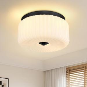 12" 2-Light Flush Mount Ceiling Light, Ribbed Glass, Black