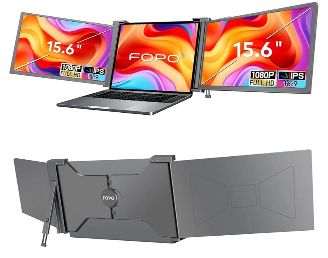 FOPO 15.6" Triple Portable Laptop Monitor, FHD 1080P IPS Screen Extender Portable Display for 15.6-17.3” Laptops, PnP Travel Laptop Screen Extender with USB-C&HDMI, Dual Monitor for Windows, Mac