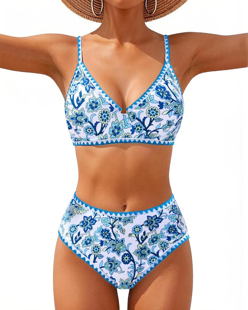 Jolefille Women High Waisted Bikini Sets-Tummy Control Swimsuit 2 Piece Bathing Suit Full Coverage Teens Underwire Top Floral (Small)