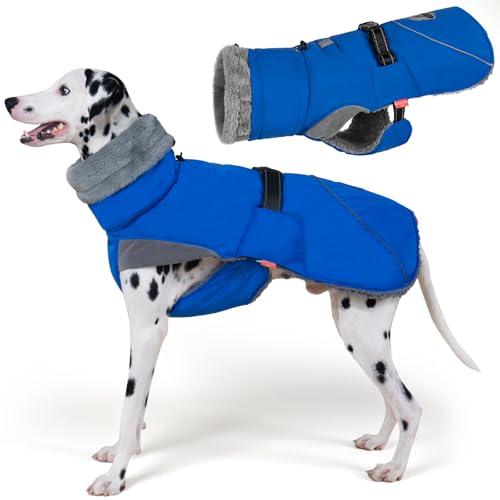 KYEESE Waterproof Dog Coat, Windproof Pet Jacket with Thick Fleece Lining, Extra Warm High Collar Dog Coats for Medium to Large Dogs with Leash Hole and Reflective Strips, Blue, XX-Large