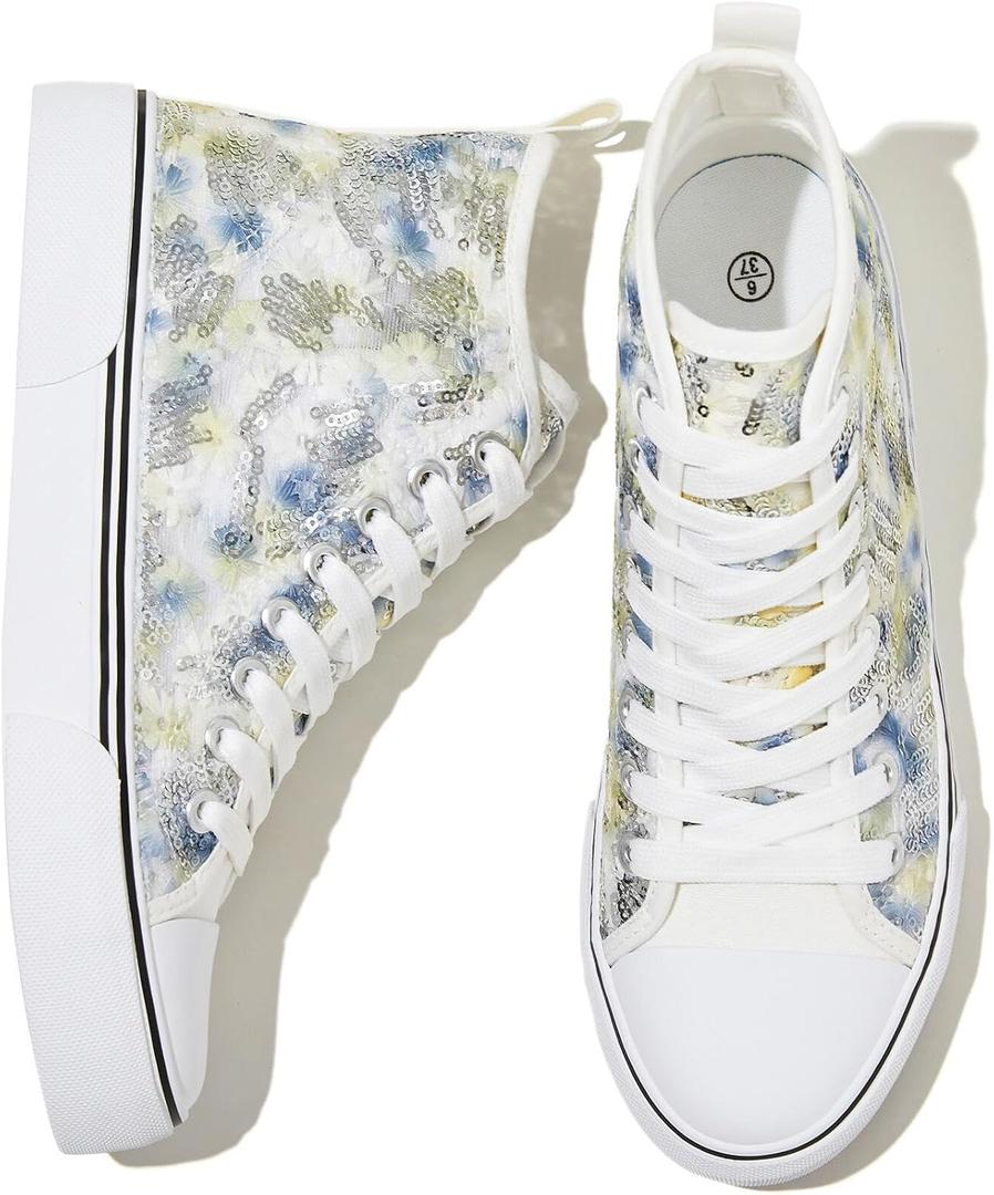 kufeiti Women's High Top Canvas Shoes Embroidered Sequins Lace Up Comfortable White Casual Fashion Sneakers(Grass Green, US10)